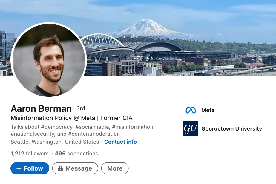 Aaron Berman,,Meta’s top policy manager for “misinformation,” Aaron Berman, is a former CIA senior analytics manager Aaron Berman,Meta’s top policy manager for “misinformation,” Aaron Berman, is a former CIA senior analytics manager