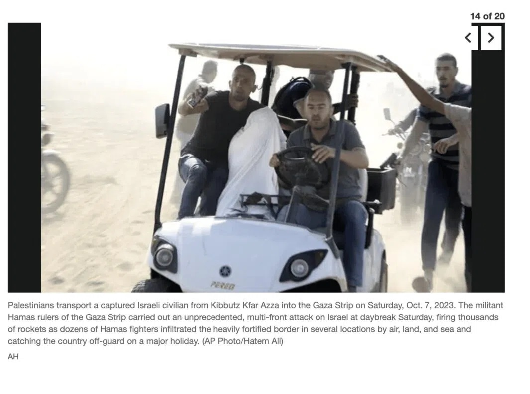 Palestinian Militants Transport A Capture IsraeliCitizenFromKabbutxKfarAzza Into The Gaza Strip In A Golf Buggy 7th Oct 2023 Palestinian Militants Transport A Capture IsraeliCitizenFromKabbutxKfarAzza Into The Gaza Strip In A Golf Buggy 7th Oct 2023